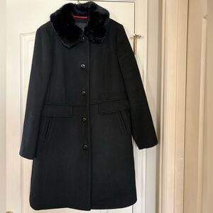 Talbots Black Wool Coat Removeable Faux Fur Collar SIze 8 $200 Polka Dot Lining